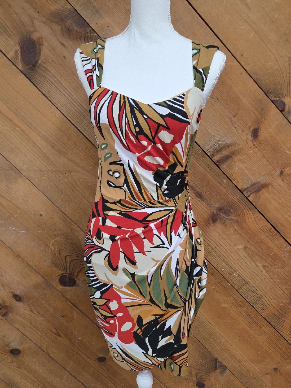 Cache Tropical Print Ruched Dress Women’s Bodycon Sleeveless Resort Cocktail